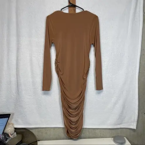 Missguided  Brown Long Sleeve Ruched Gathered Bodycon Dress Size 8