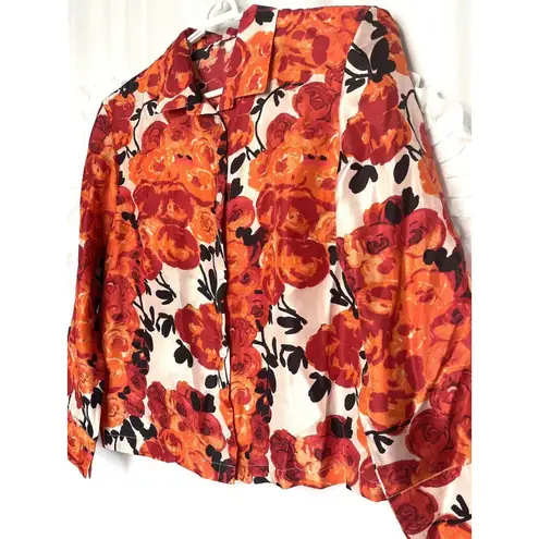 Frances Valentine Harriet Red Silk Blouse Women's Size Small Floral Button Front