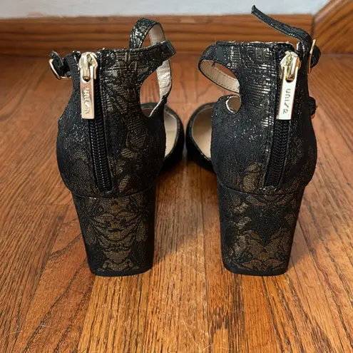 Unisa  NWOT Black and Metallic Gold Textured Lace Block Heel Ankle Strap Shoes