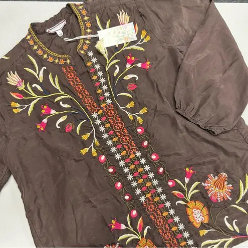 Johnny Was Workshop Blouse Tunic Top Brown Rosalva Paris Effortless Embroidered