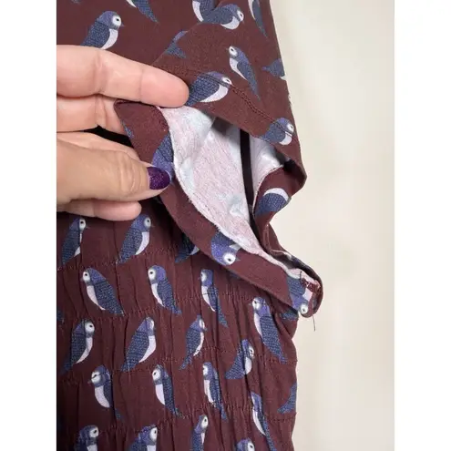 Eshakti Ruffle Puffin Print Cotton Jersey Smocked Waist Dress Size 18W Burgundy