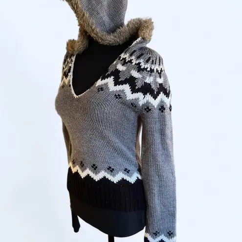 Mandee vintage Y2K hooded sweater with fur trim Size Medium Gray