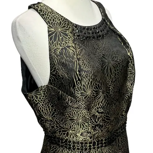 Carmen Marc Valvo Dress 10 Black Gold Floral Brocade Jacquard Beaded Cocktail