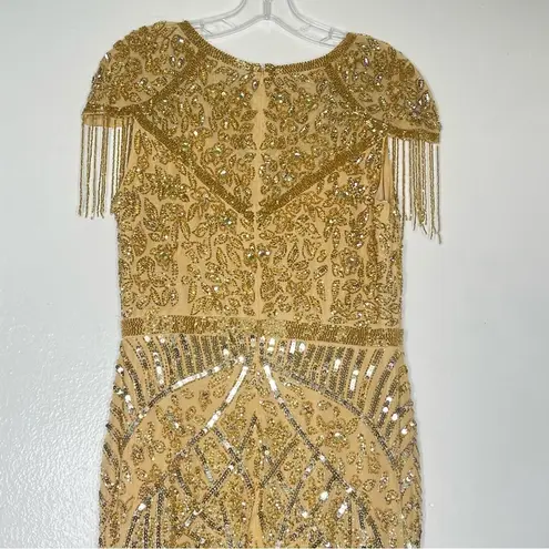 Mac Duggal 4715 Size 12 Embellished Fringe Cap Sleeve Trumpet Gown, Light Gold