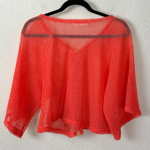 Pretty Angel Linen Mesh Sequin Sheer Top Cover Up Bright Coral Beach Medium Neon Orange