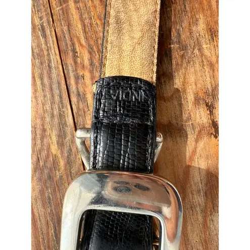 Vionic Y2K Black Leather Croc Embossed Belt Silver X Buckle Minimalist Unisex