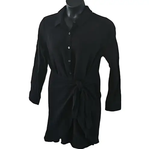 Belle Beach by Kim Gravel Petite Gauze Tie Front Shirt Dress – Size LP – Black
