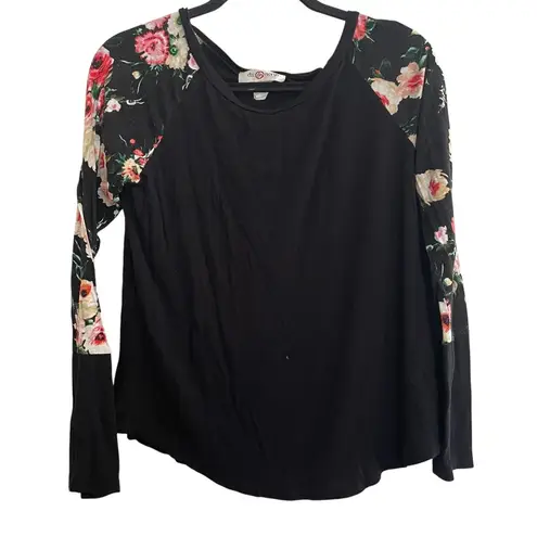 Y2K Du North Designs Floral Raglan Top Long Sleeve Black Comfy Casual Size L Size L