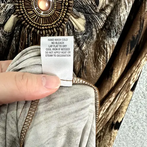 Vintage Y2K Dressbarn Dress Womens 18 Brown Peacock Print Babydoll Beaded Boho