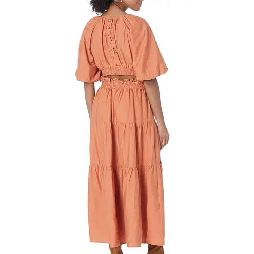 Moon River Puff Sleeve Back Cutout Midi Dress Rust