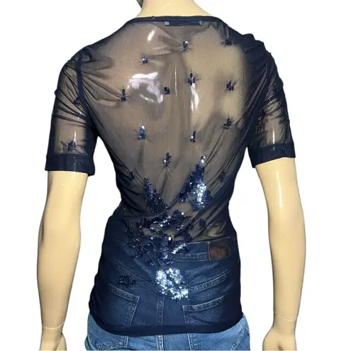 Rouge a Levres Women’s Size 44 M Navy Blue Sequin Embellished Mesh Sheer Top Size M