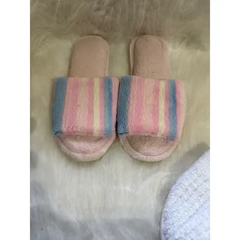 Mark Traver's Pink Blue White Striped Terry Cloth Slide Slippers Small USA Made Size 7