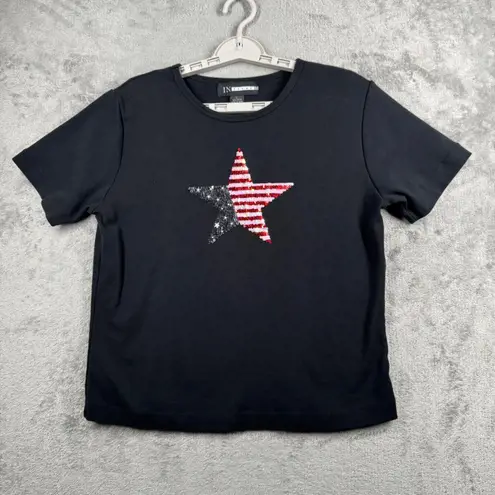 IN Focus Shirt USA Flag Sequin Star Black Short Sleeve Tee Patriotic Festival Size L