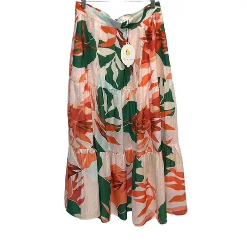 Sweet Lemon Womens Floral Tiered Midi Skirt Multicolor Size Large NWT Pink