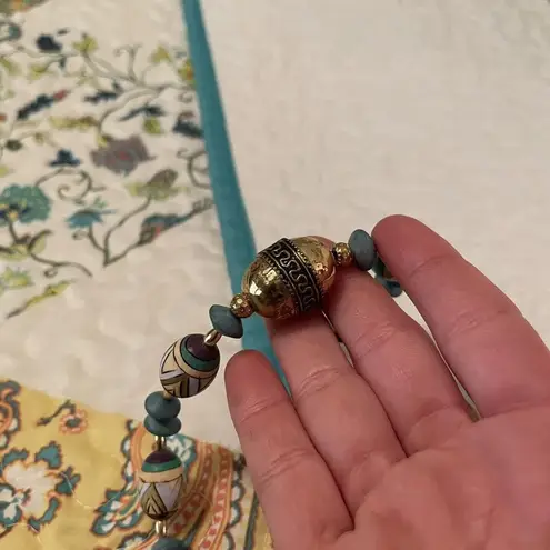 Women’s Necklace Handmade Easter Egg Wood Beads Blue / Gold Tone