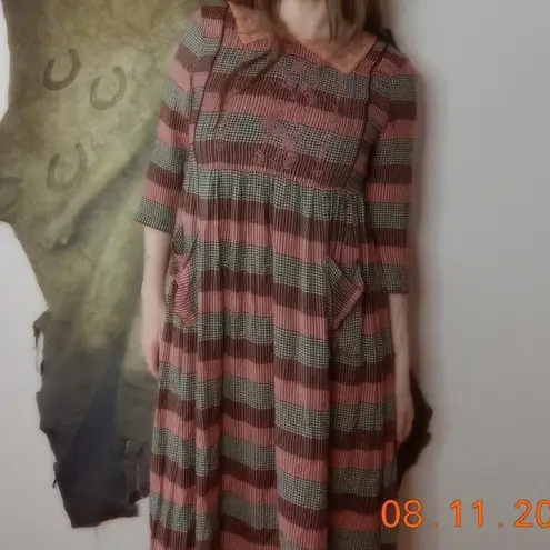 April Cornell Peach Plaid Babydoll Maxi Dress Size XS