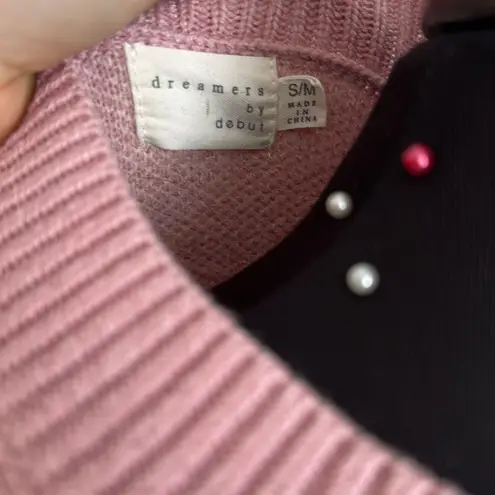 Dreamers by Debut Embroiled Floral Knit Crop Pink Sweater Size M
