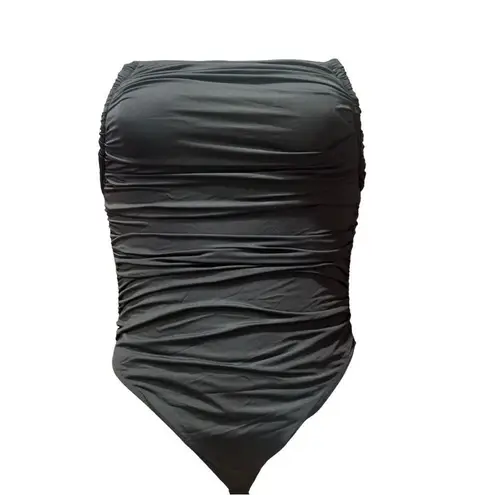 None Solid Black Ruched Square Neck Cheeky One-Piece Swimsuit Size Medium