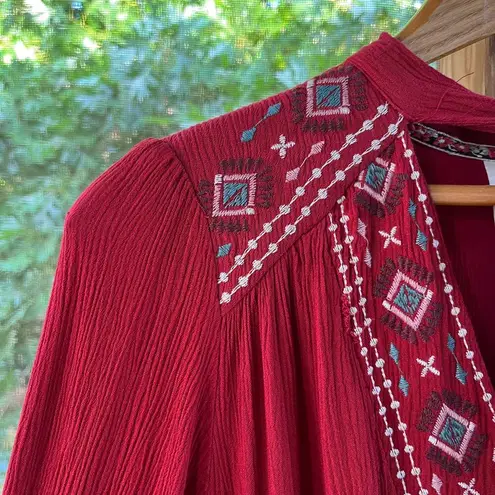 Knox Rose  Red Boho Embroidered Tiered Long Sleeve Midi Dress Size L