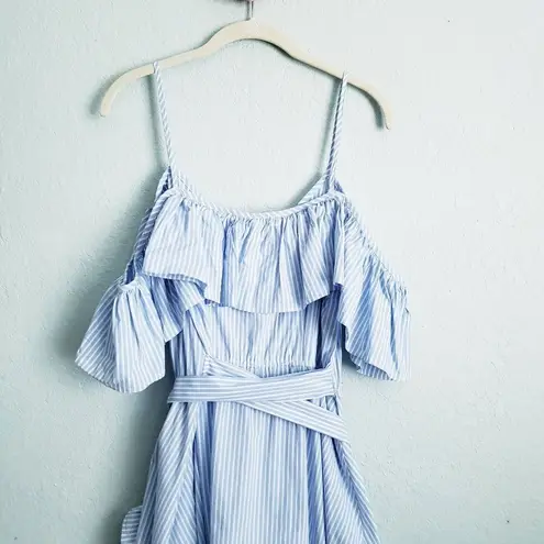 Jill Stuart Blue and White Striped Cold Shoulder Ruffle Trim Dress