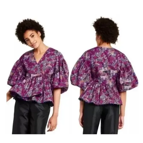 Kika Vargas For Target Colorful Purple Floral Balloon Sleeve Wrap Blouse Size 3X