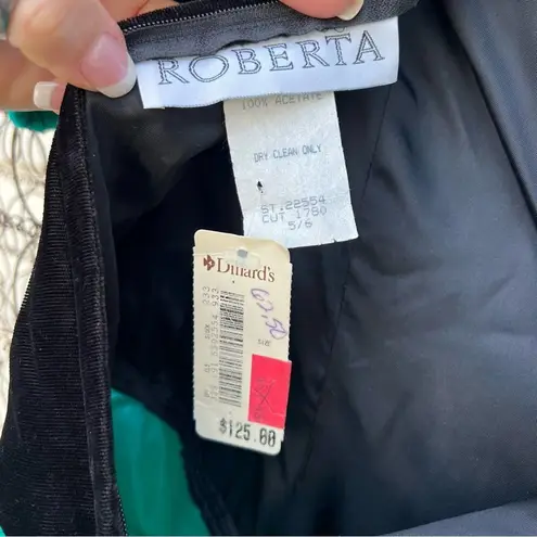 Vintage 80s 90s Roberta teal sateen black velvet v waist prom dress NWT Size XS