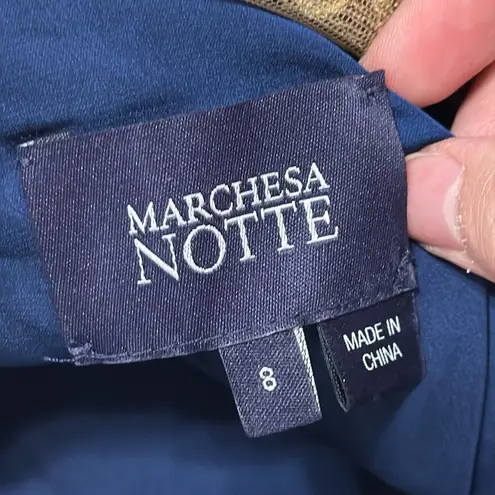 Marchesa Notte Navy/Gold Lace Embroidered Beaded Satin Sheath Evening Dress sz 8 Blue