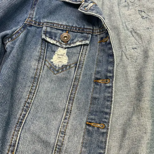 Highway Jeans HIGHWAY JEANS DISTRESSED DENIM JACKET SZ S WITH EMBROIDERED ROSES FRONT/BACK