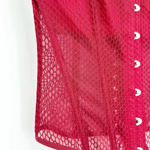Womens Red Punk Mesh Corset Boned Lace Up Back Strapless Bustier Top Size S