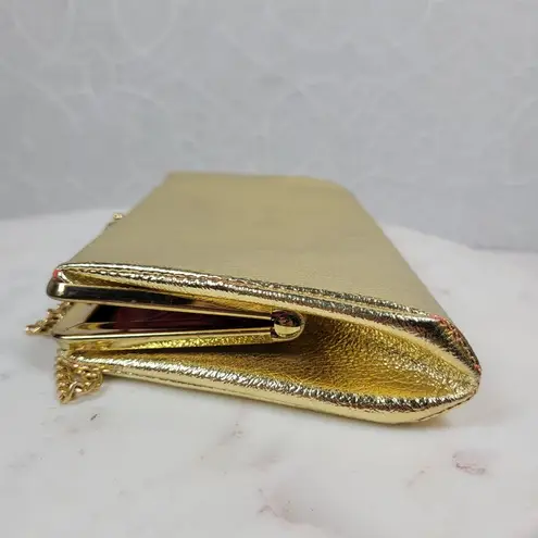 VINTAGE Lame Clutch 9.5" Gold Chain Metal Clasp Retro Evening Handbag Purse