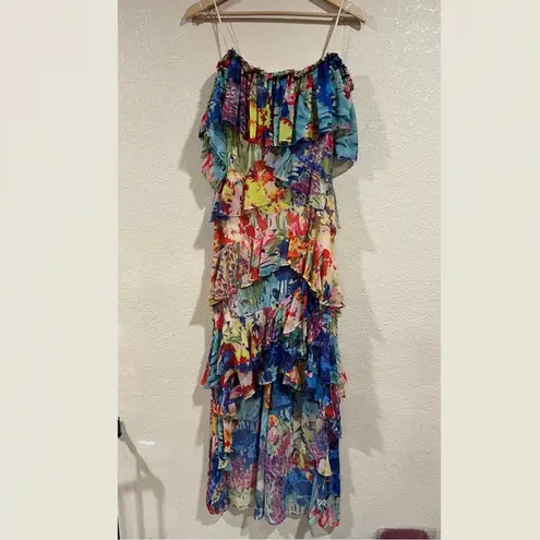 Badgley Mischka Multi Floral High Low Flowy Tiered Maxi Dress