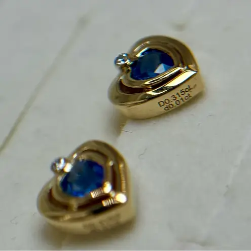 NWOT 9K Yellow Gold Heart 0.315ct Sapphire with 0.01ct Diamond Earrings,Stud