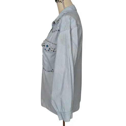 90s Vintage Embellished Denim Snap Button Up Shirt Light Wash Size Small Blue