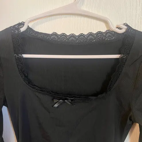 Commense Women's Scoop Neck Long Sleeve Blouse Lace Trim Black Size Small