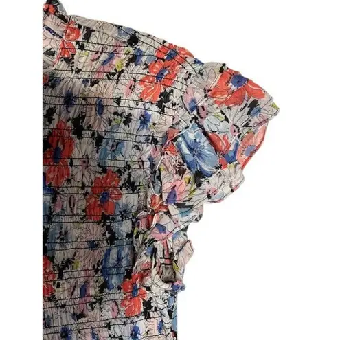 Veronica Beard Cici Ruched Smocked Ruffle Sleeve Floral Flower Mini Dress 0