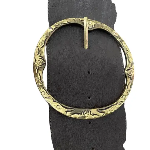 Chocolate Brown Leather Wide Waist Belt Gold Tone Circle Buckle Rhinestone