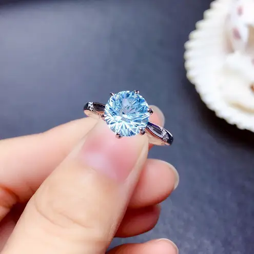 18K White Gold Plated Adjustable Blue Crystal Aquamarine Sapphire Ring for Women