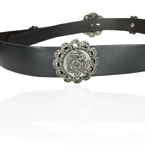 Vintage Leather Belt S Silver Filigree Floral Concho Medallion Made In Italy Black