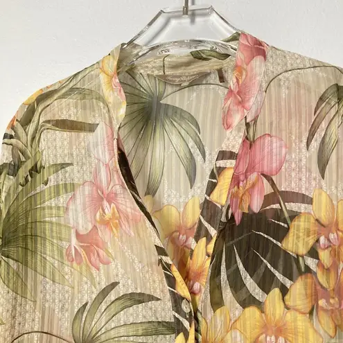 Tommy Bahama  Top Women Small Sheer Tropical Floral Print Popover Roll Tab Sleeve