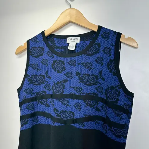 Carmen Marc Valvo A-line Stretch Sleeveless Blue/Black Floral Dress Size XL