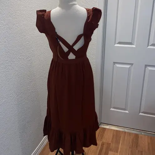 VERO MODA Odette Brown Ruffle Calf Dress NWT Sz M Women’s Polyester Tie Back