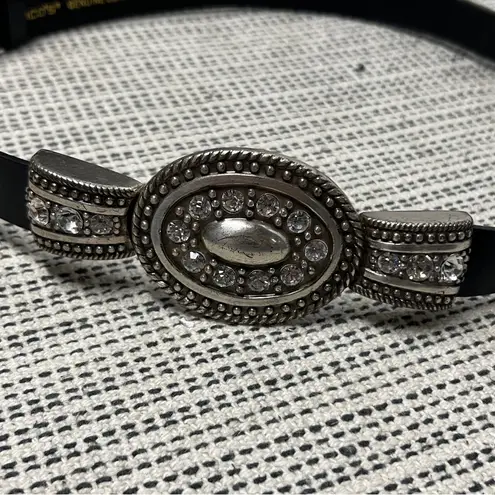 Chico's Chico’s black leather belt silver oval buckle with rhinestone ML adjustable