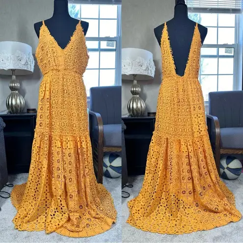 BHLDN x Free People Robinne Crochet Lace Maxi Dress Boho Yellow Orange Size M
