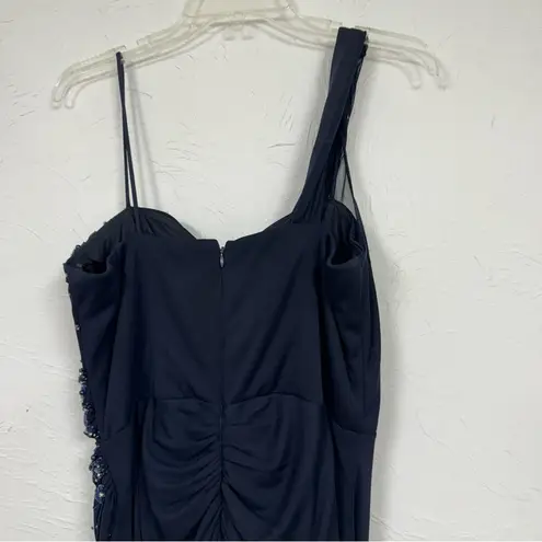 XScape Blue Sequined One Shoulder Maxi Formal Dress Womens 12 Ruched Bridesmaid