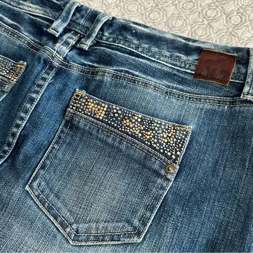 X2 Denim Micro Mini Skirt Denim Blue Jean Y2K 90s Studded Pockets Size 8