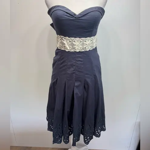 Tibi Smokey Navy Strapless MIDI Dress Cream Lace Trim & Slip Mini Corset Back