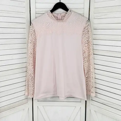 Bedford Fair Lace Sleeve Mock Neck Shirt Pink Large Tee Coquette Victorian Soft