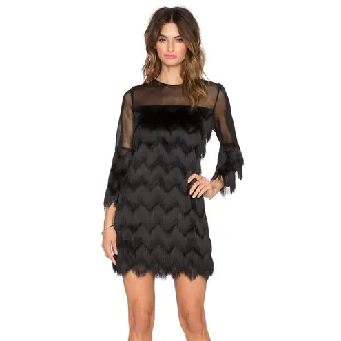 Alexis Xiomarra Fringe Dress Black Size M Sheer Sleeve Cocktail Party Mini