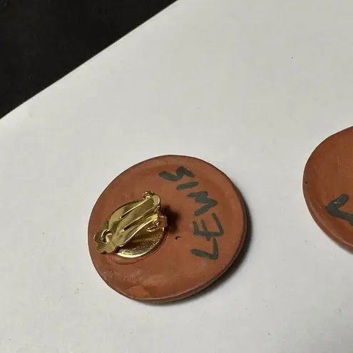 Signed Lewis Handmade Hand Crafted Round Ceramic Clip On Earrings