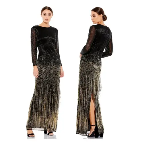 Mac Duggal NWT Size 4 Black Gold Beaded Fringe Gown